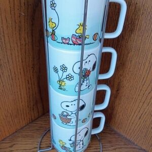 Vintage Peanuts Snoopy And Woodstock Stackable Mug Set - Blue and White. (4 Cup)